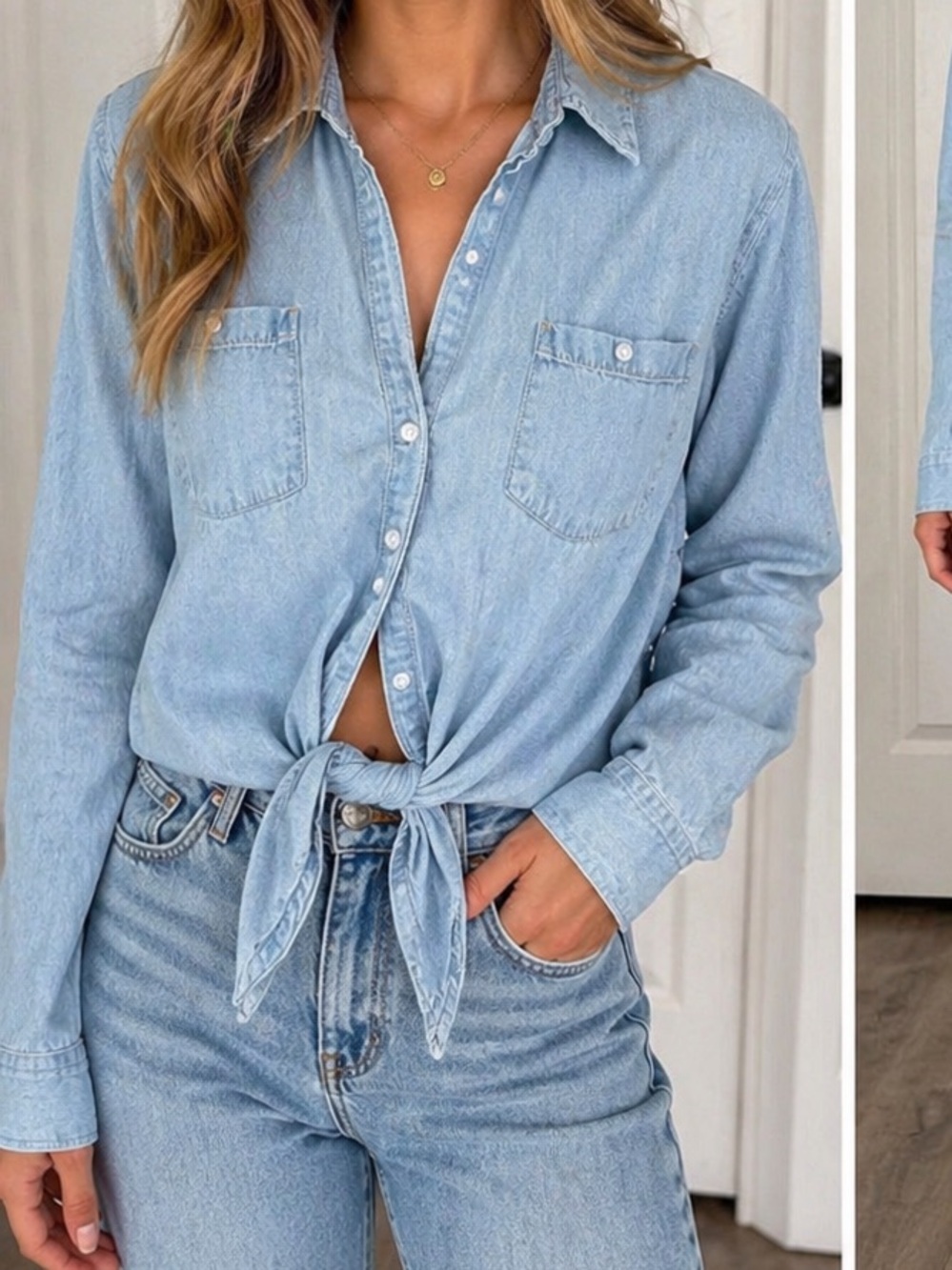 L.E.I Chambray Button Down Tie Front Shirt Light Wash Long Sleeve Size Large